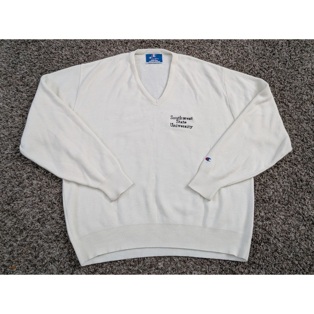 Vintage Champion Southwest State University Sweater V Neck Ivory‎ White XXL USA